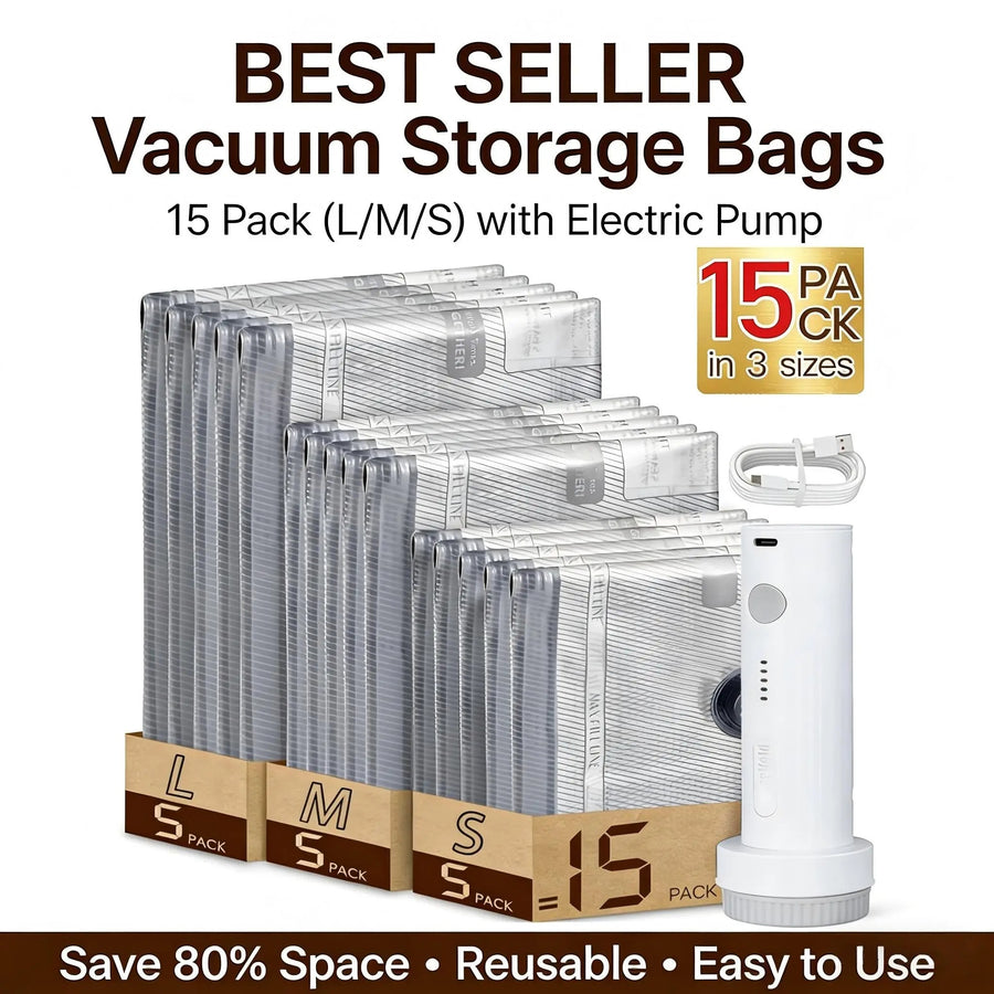 15-Pack Travel Vacuum Storage Bags with Rechargeable Air Pump